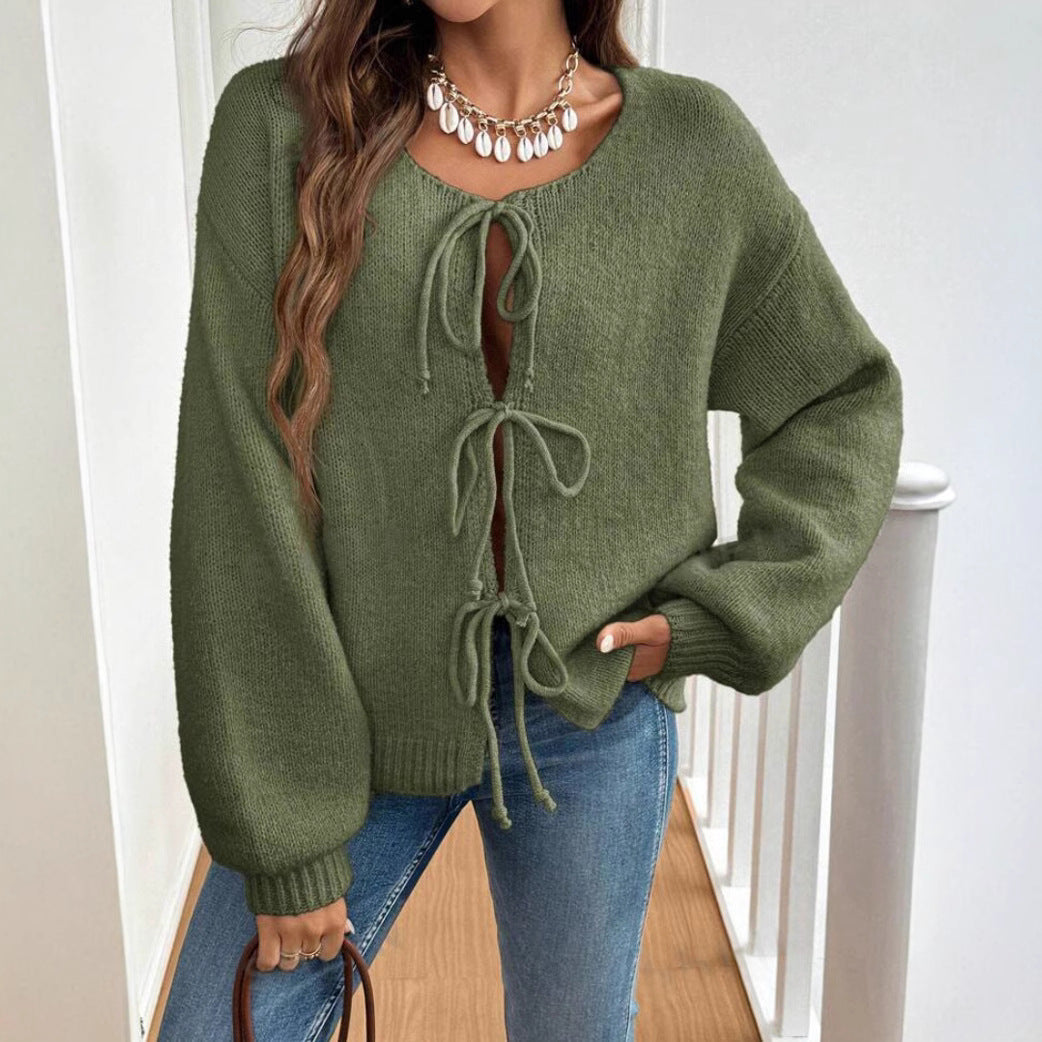 Damen Strickjacke Weich Schleife