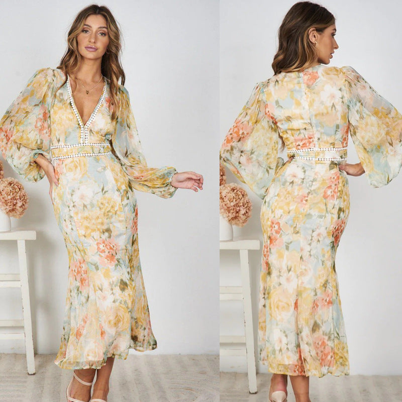 Damen Maxikleid Voluminöse Ärmel Dekorativ Schwarz - Eveloria