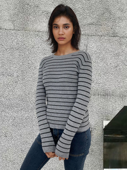 Damen Rippenpullover Gestreift Verlängerte Ärmel Eveloria