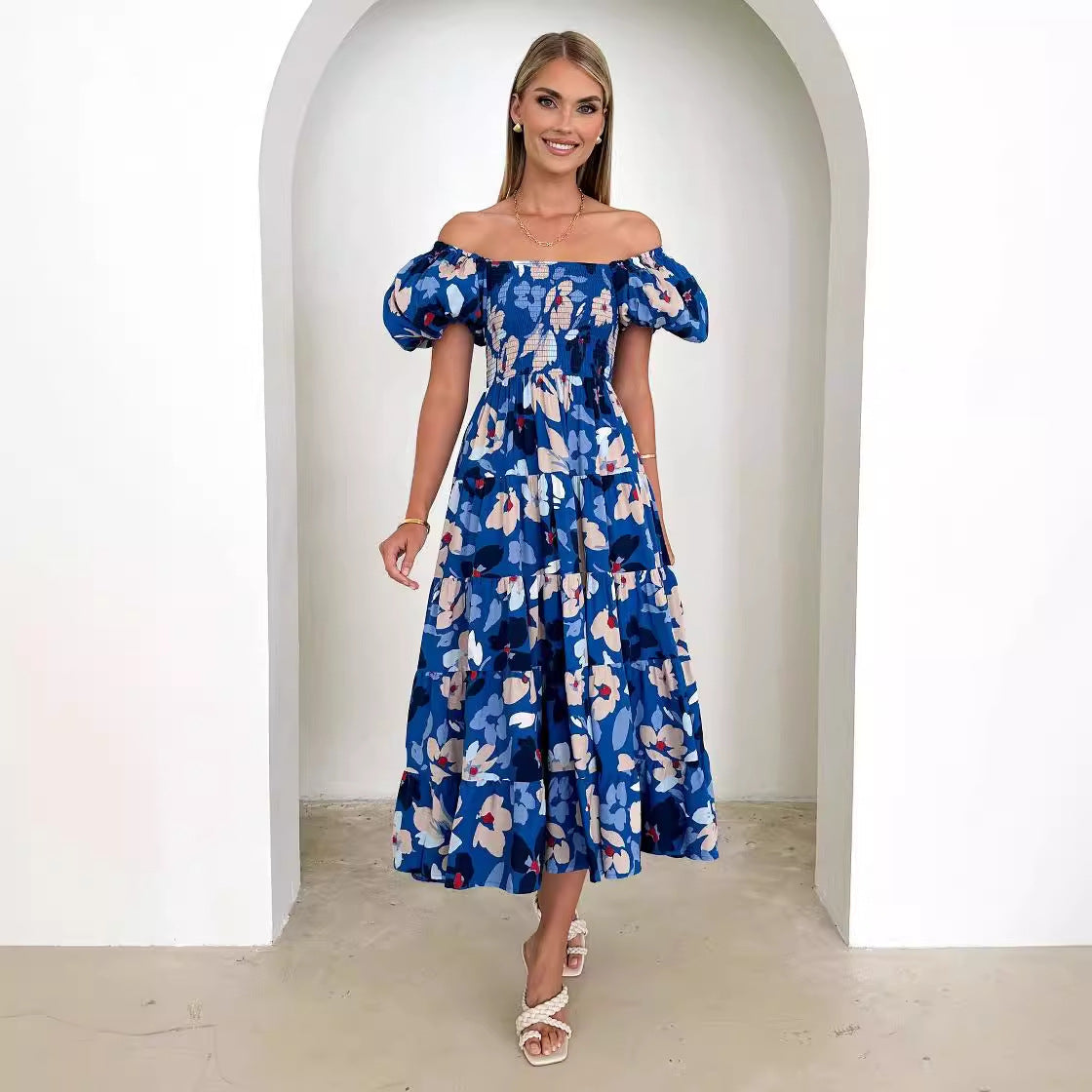 Damen Maxikleid Schulterfrei Puffärmel Eveloria