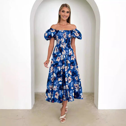 Damen Maxikleid Schulterfrei Puffärmel Eveloria