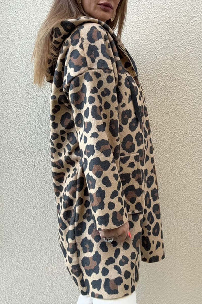 Damen Kapuzenjacke Leopardenmuster Taschen Eveloria