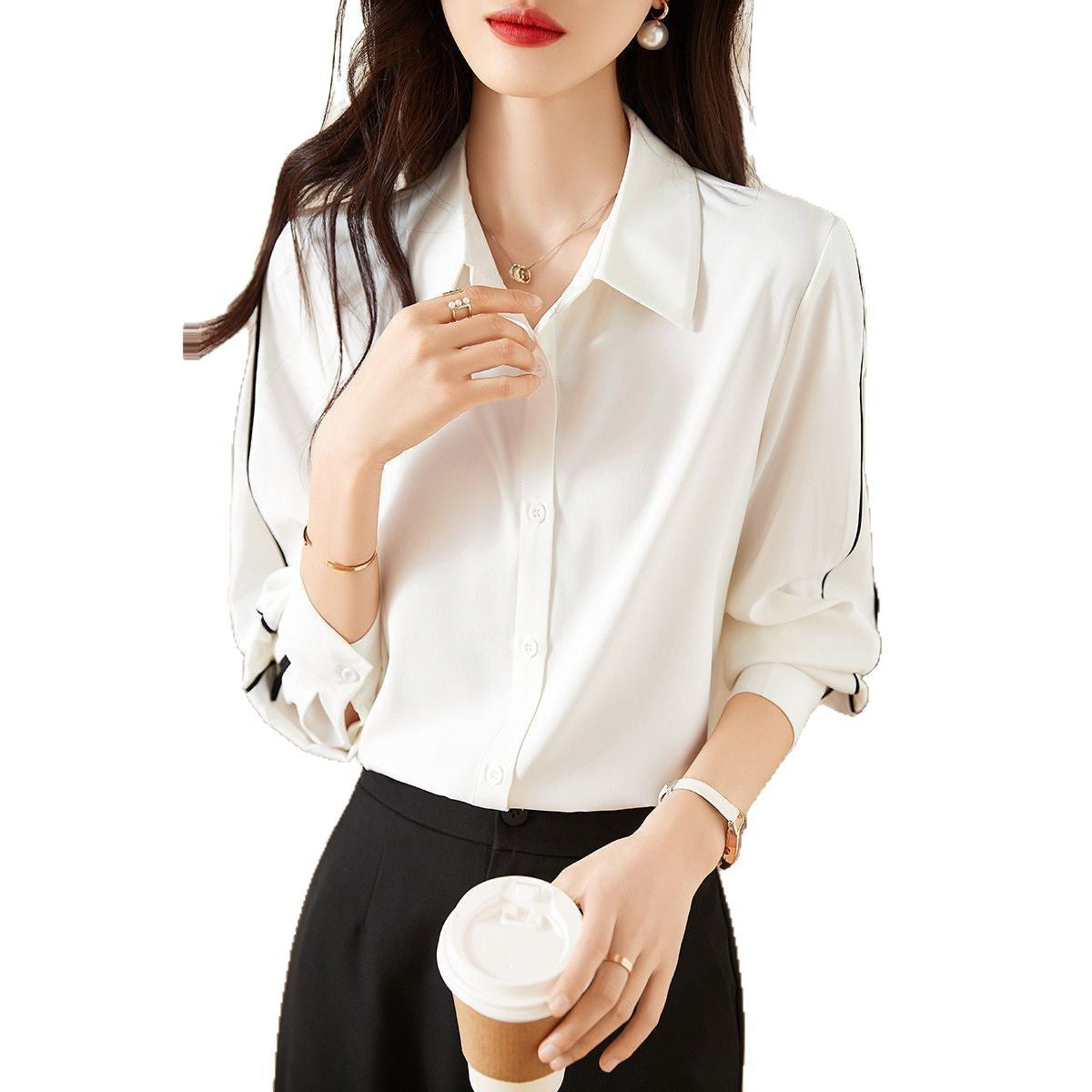 Damen Bluse Klassisch Knöpfe Elegantes Design Weiss