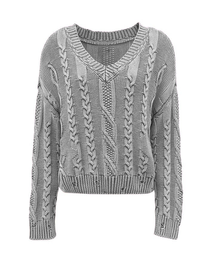Damen Grobstrickpullover V-Ausschnitt Zopfmuster Eveloria