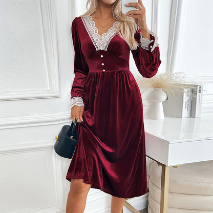 Damen Samtkleid Spitzenapplikation Knöpfe Eveloria - Eveloria