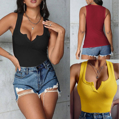 Damen Tanktop V-Ausschnitt Figurbetonter Stoff Schwarz - Eveloria