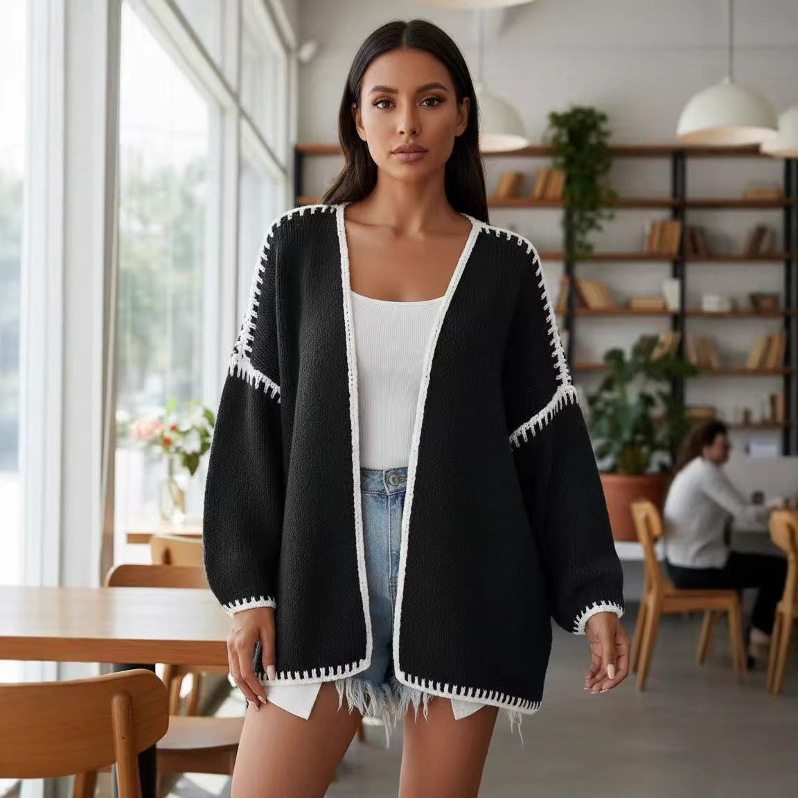 Damen Strickjacke Offen mit Kontrastnähten Eveloria - Eveloria