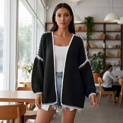 Damen Strickjacke Offen mit Kontrastnähten Eveloria - Eveloria