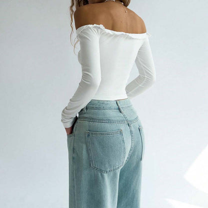 Damen Off-Shoulder Oberteil Langarm Elegantes Schleifendetail