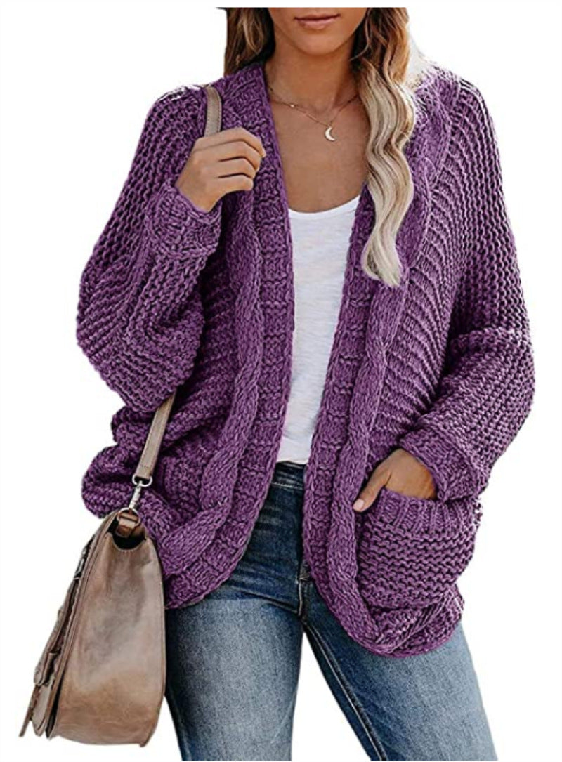 Damen Grobstrick-Cardigan Lässig Voluminöse Ärmel Beige