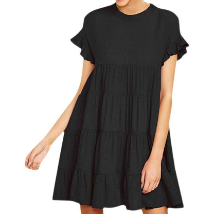 Damen Kurzarm Kleid Rüschendetails Fließender Schnitt Luftig Pastell