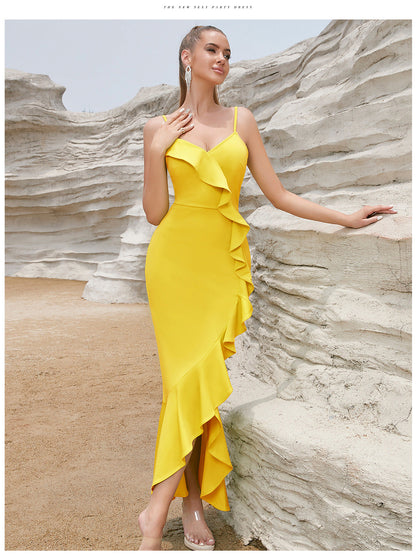 Damen Maxikleid Rüschen Hochschlitz Eveloria