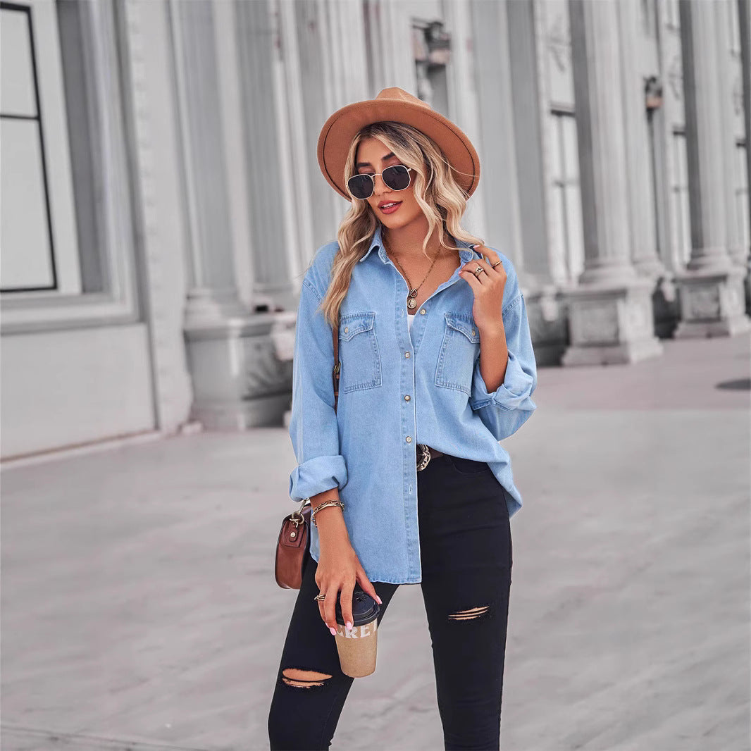Damen Denim Hemdbluse mit Brusttaschen Blau