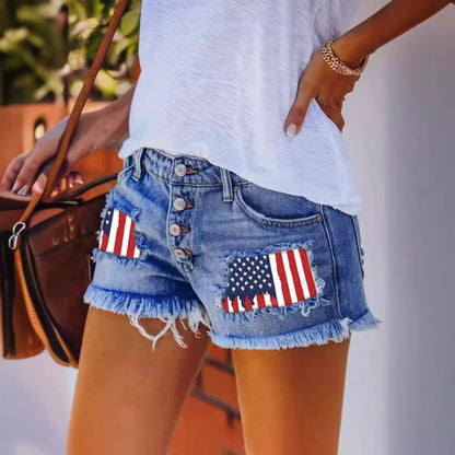 Damen Vintage-Shorts Jeans mit Flaggen-Applikationen Blau
