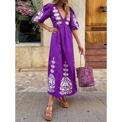 Damen Midikleid Florales Stickdesign Luftige Puffärmel