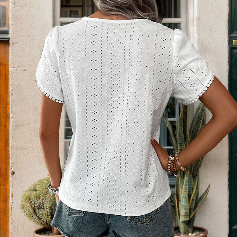 Damen Blusenshirt Luftig Dekoratives Lochmuster Weiß