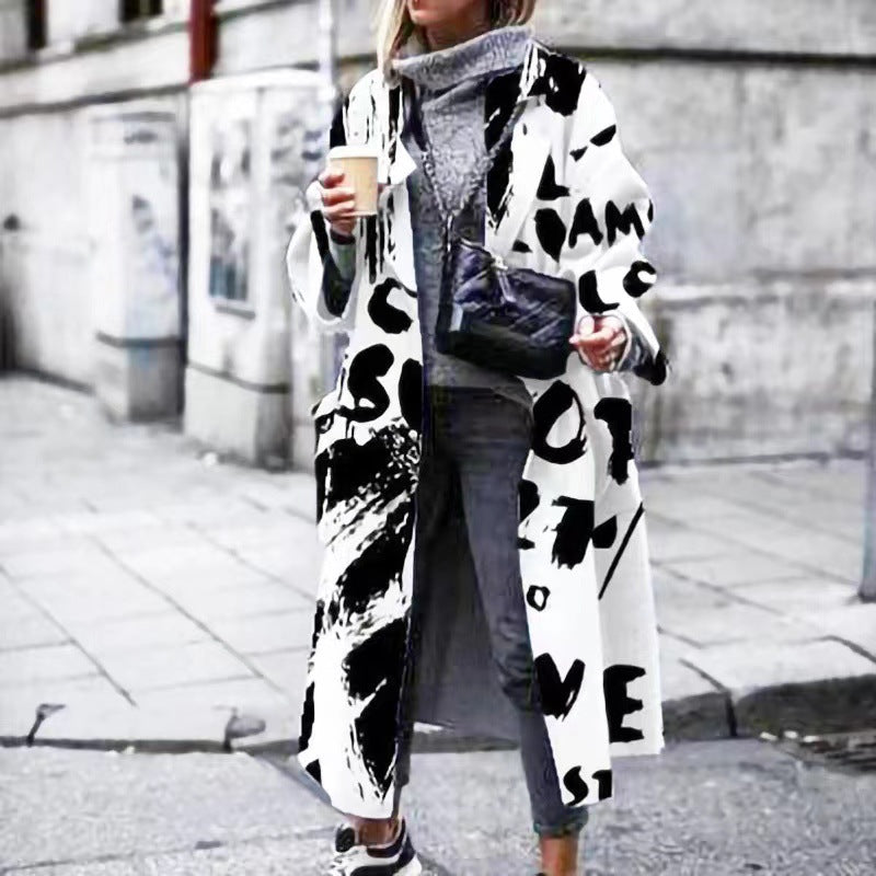 Damen Oversized Mantel Bunt Augenmuster Lässig