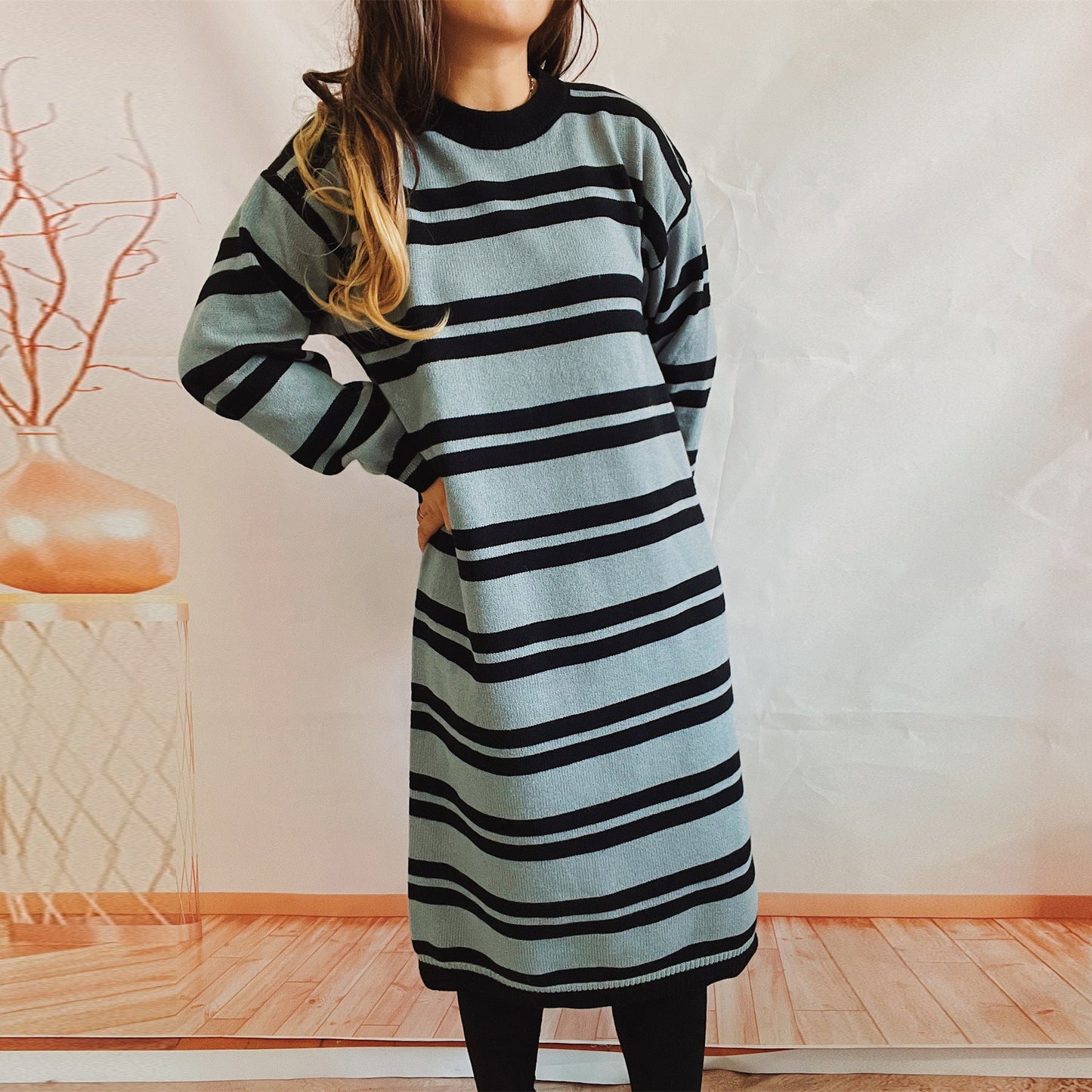 Damen Strickkleid mit Streifenmuster Lässig Eveloria