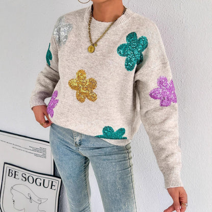 Damen Oversized Pullover Glitzer Floralmuster Eveloria