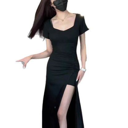 Damen Kleid Figurbetont Lange Version Raffungseffekt Hochschlitz
