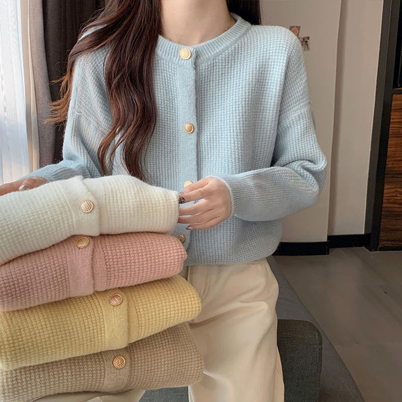 Damen Strickjacke Kuschelig Feines Muster Beige - Eveloria