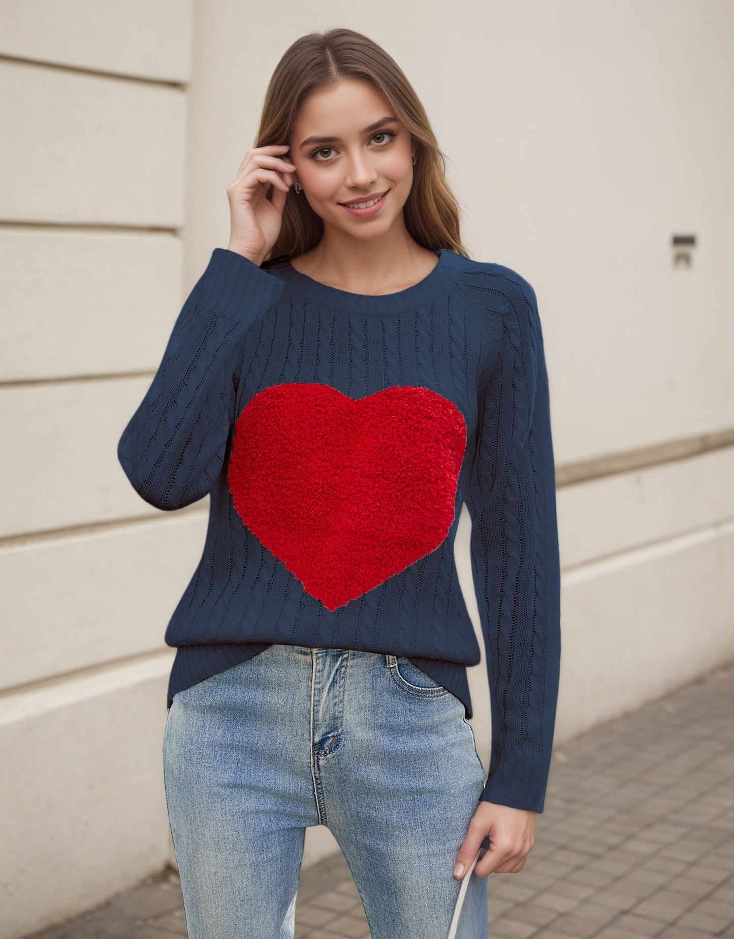 Damen Strickpullover Luftige Maschenstruktur Herz-Applikation