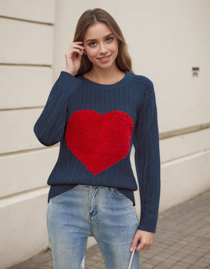 Damen Strickpullover Luftige Maschenstruktur Herz-Applikation