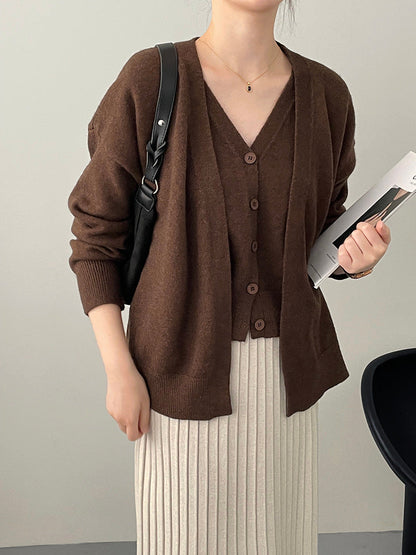 Damen Cardigan Gestrickt V-Ausschnitt Beige