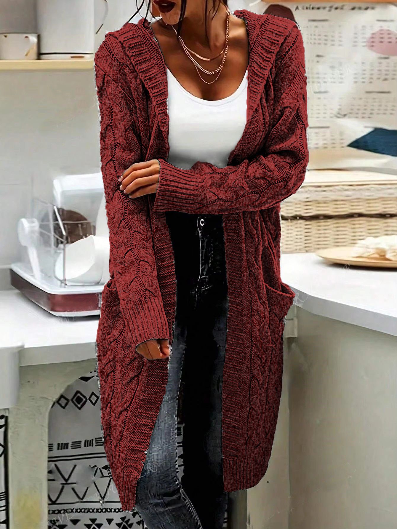 Damen Grosstrick Cardigan mit Kabelmuster und Taschen