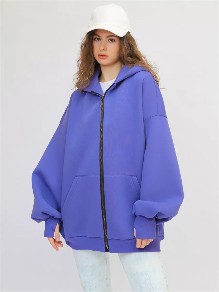 Damen Oversized Kapuzenjacke Hoch Bündchen Reißverschluss Eveloria