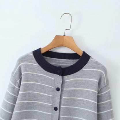 Damen Strickjacke Gestreift Rundhals Knöpfe Eveloria