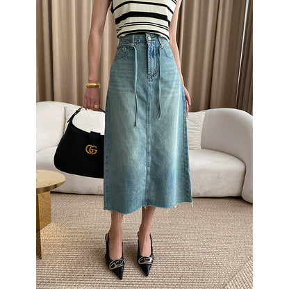 Damen Midi Jeansrock Verstellbares Taillenband Eingrifftaschen - Eveloria
