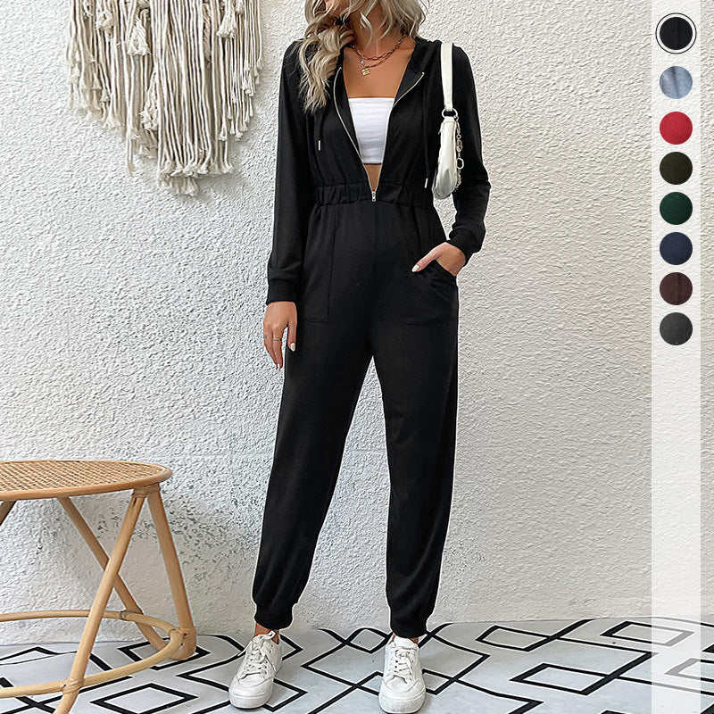 Damen Kapuzen-Overall Sweat mit Reißverschluss Elastisch Schwarz - Eveloria
