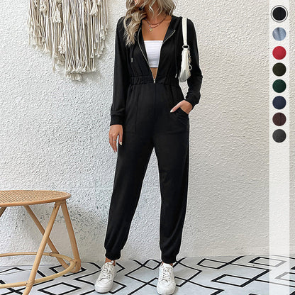 Damen Kapuzen-Overall Sweat mit Reißverschluss Elastisch Schwarz - Eveloria