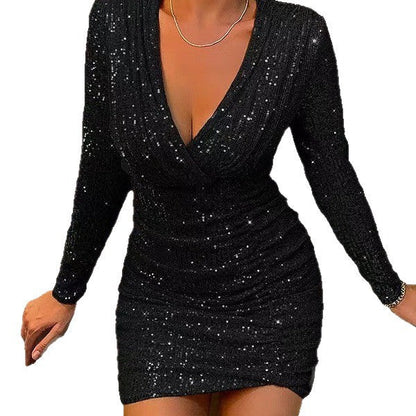 Damen Minikleid Glitzernd V-Ausschnitt Figurbetont