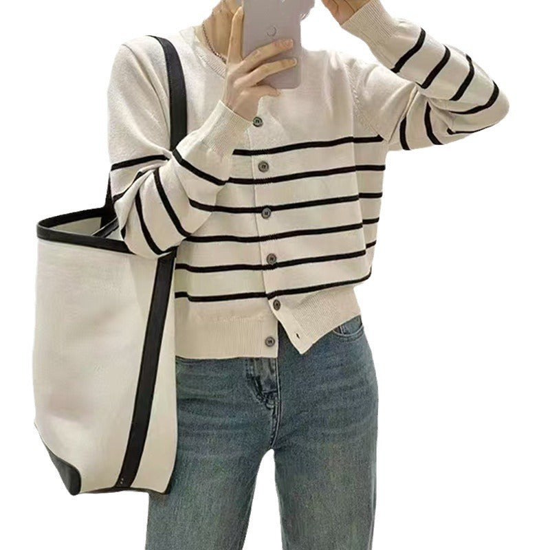 Damen Strickcardigan Klassische Streifen Knöpfe Beige