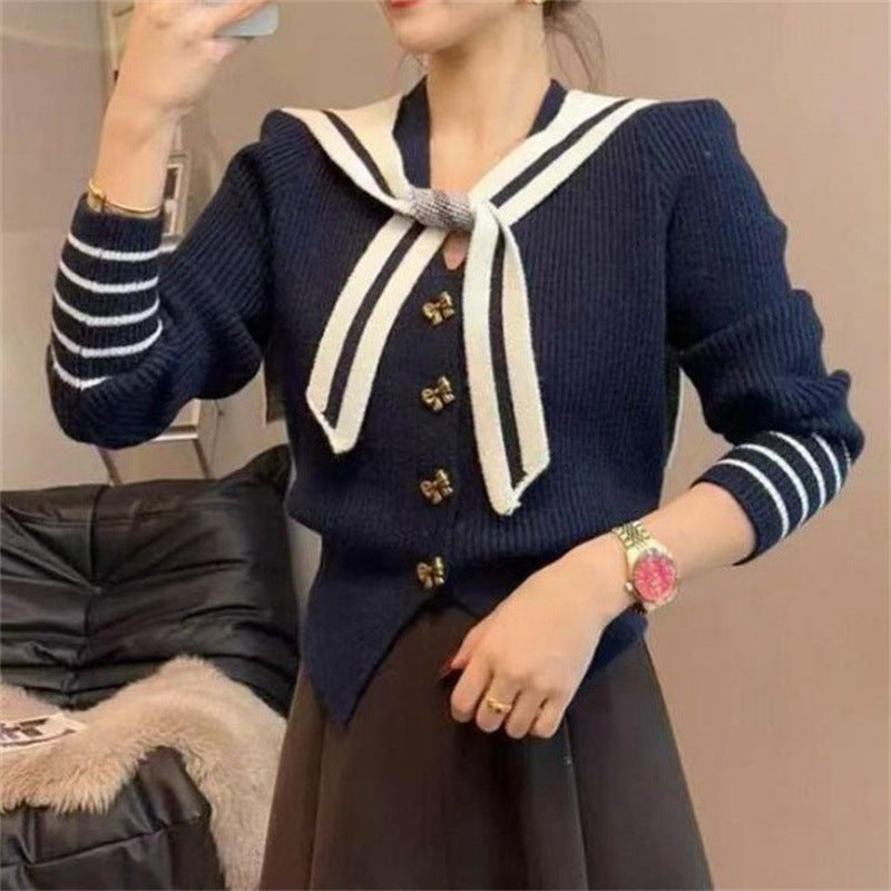Damen Strickjacke Nautischer Kragen Dekorative Knöpfe Eveloria - Eveloria