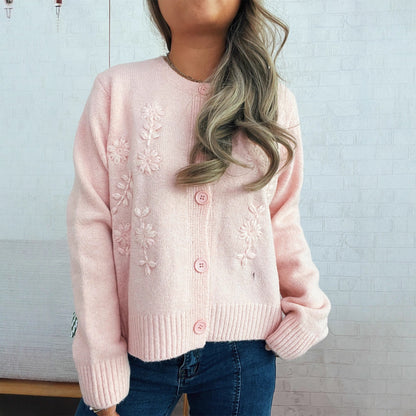 Damen Strickcardigan locker mit Blumenapplikationen und Knöpfen