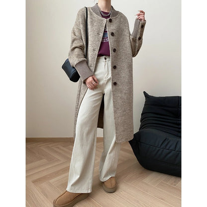 Damen Strickmantel Lang Lederknöpfe Elegantes Design Beige