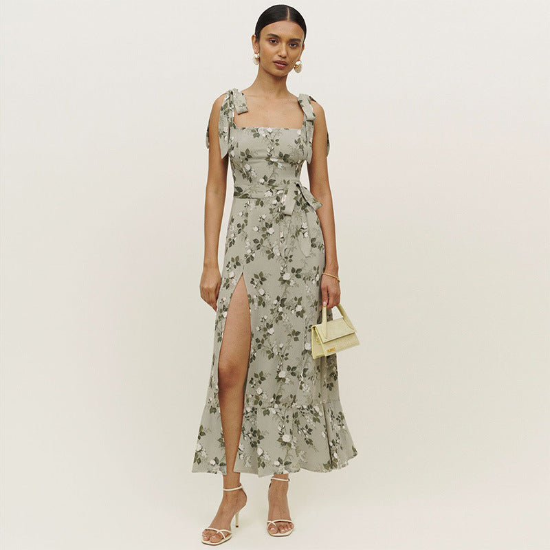 Damen Maxikleid Floralmuster Schulterfrei RüschenDetails