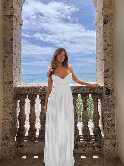 Damen Maxikleid mit Plissee und Herzförmigem Oberteil