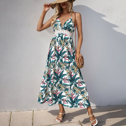 Damen Maxi-Kleid V-Ausschnitt Blumenprint