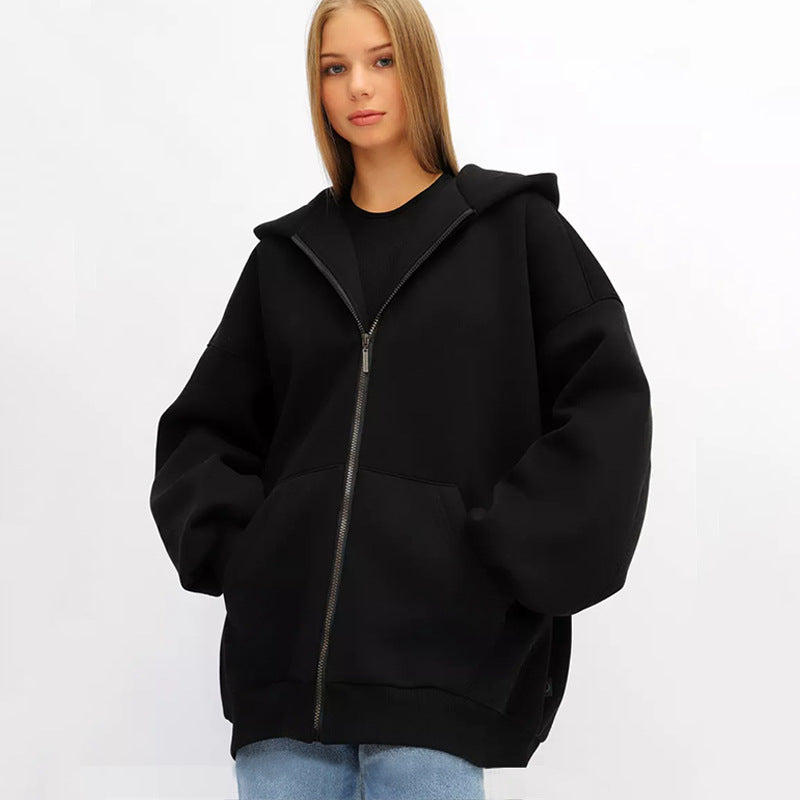 Damen Oversized Kapuzenjacke Hoch Bündchen Reißverschluss Eveloria