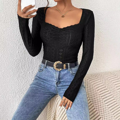 Damen Langarm-Bodysuit Quadratischer Ausschnitt Rüschen