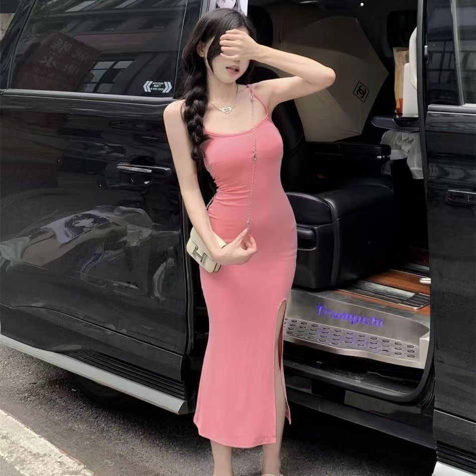 Damen Midi-Kleid mit Spaghetti-Trägern und hohem Schlitz Eveloria