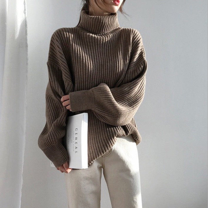 Damen Grobstrickpullover Hoher Kragen Voluminöse Ärmel