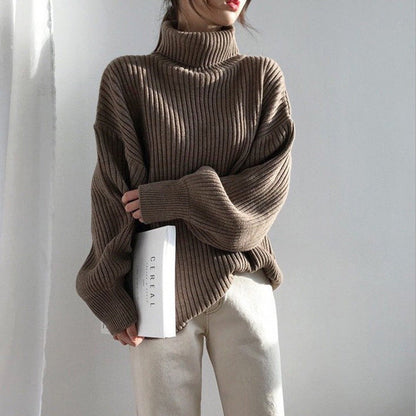 Damen Grobstrickpullover Hoher Kragen Voluminöse Ärmel