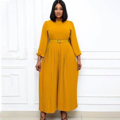Damen Jumpsuit Plissee mit Gürtel und weiten Ärmeln Eveloria