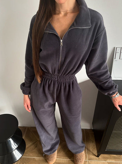 Damen Fleece-Jumpsuit Oversized Stehkragen Elastisch Eveloria