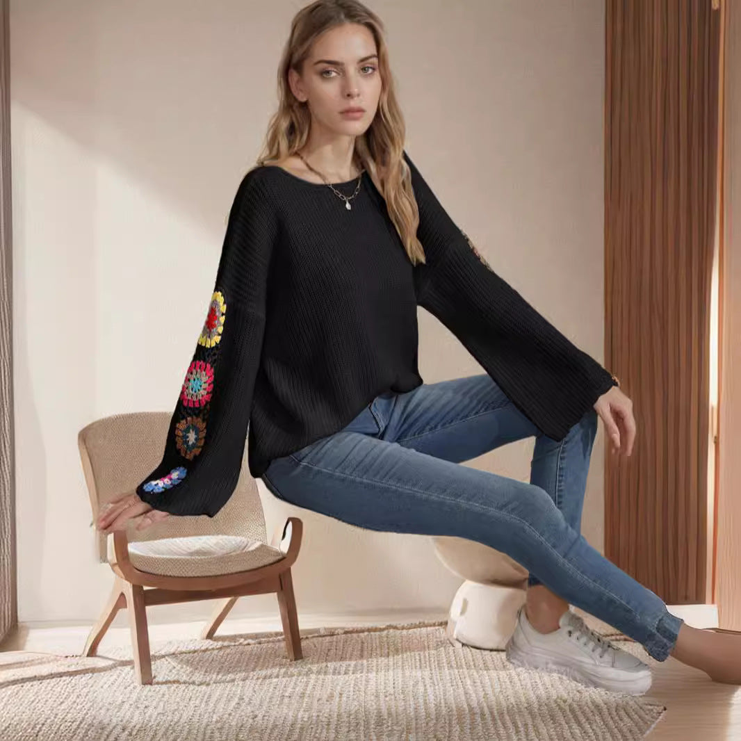 Damen Strickpullover Bunt Häkelmuster Weit Eveloria - Eveloria